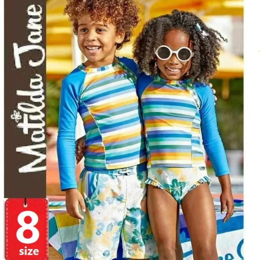 ⭐️ 5/$30 Matilda Jane Rashguard, Size 8, unisex, blue orange stripes